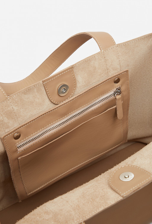 Beige leather shopper bag /gold/