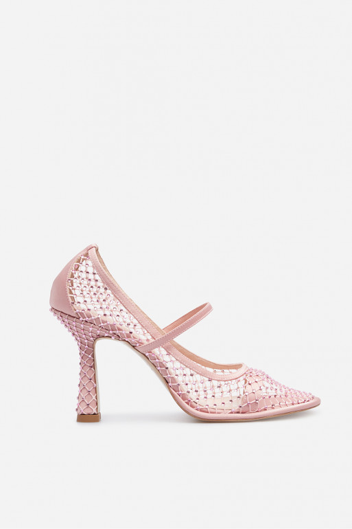 Jerry pink leather with white Swarovski crystals pumps