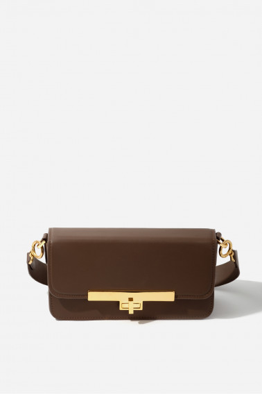 Harper dark brown leather baguette bag /gold/