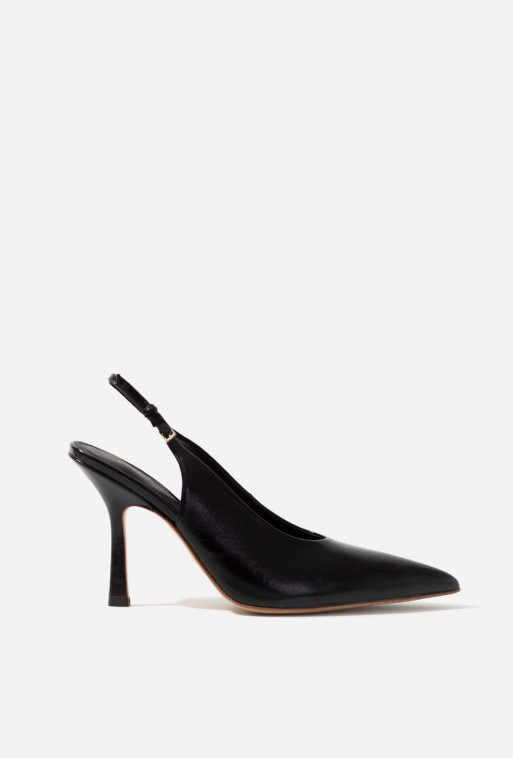 Roomy black leather slingback shoes