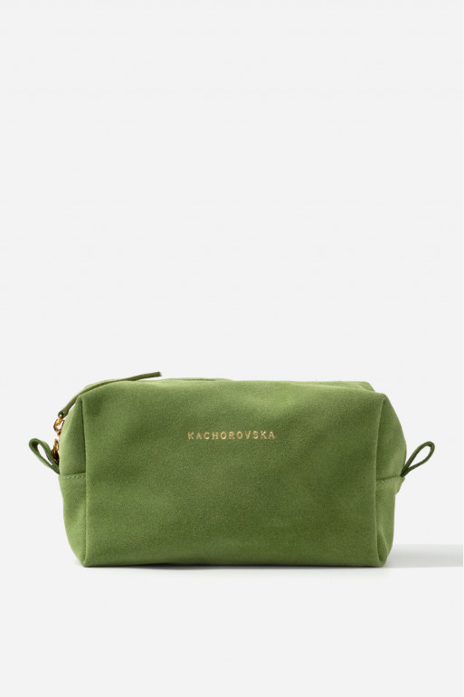 Green suede leather cosmetic bag /gold/