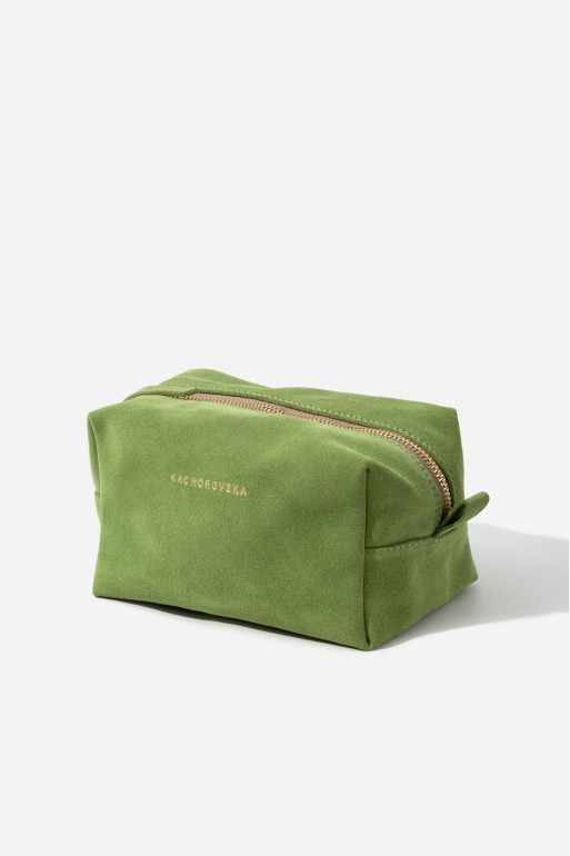 Green suede leather cosmetic bag /gold/