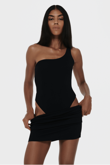 One-shoulder black bodysuit