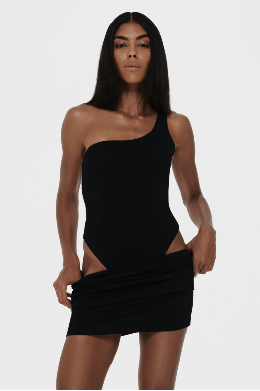 One-shoulder black bodysuit